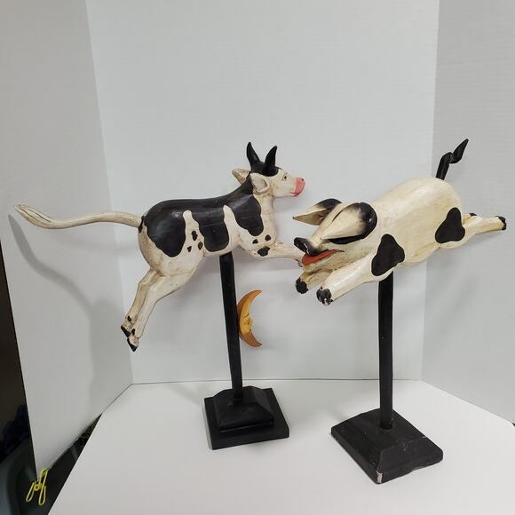 Set of 2 Flying Pig & Cow Jumped Over Moon Carved Wood Figurines Folk Art Vtg? - Picture 2 of 16